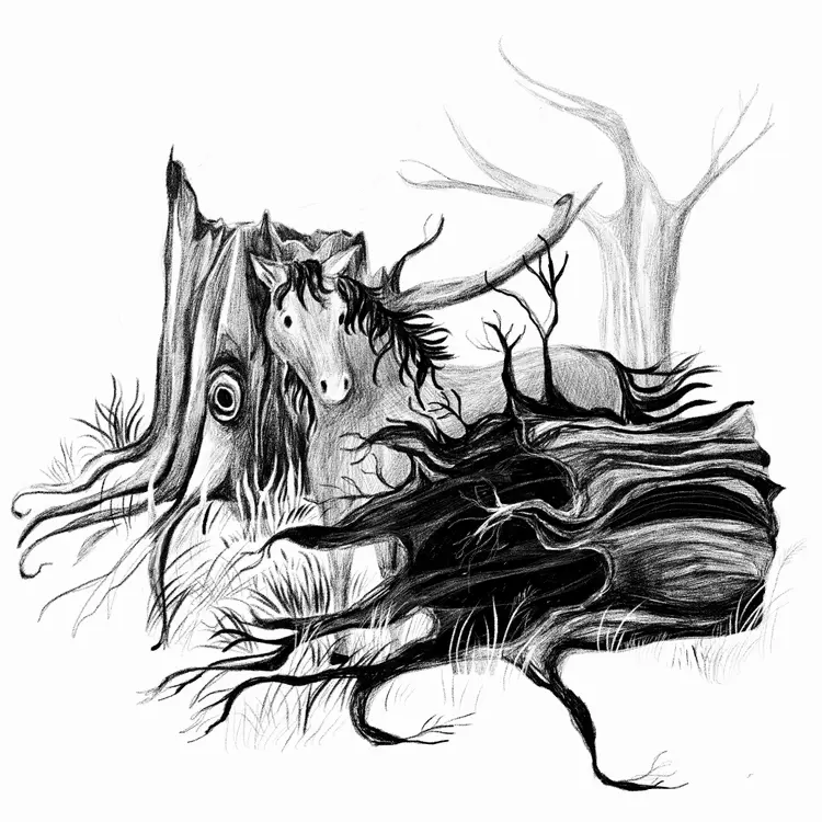 an illustration of a young horse hiding between two old trees, drawn using procreate pencil